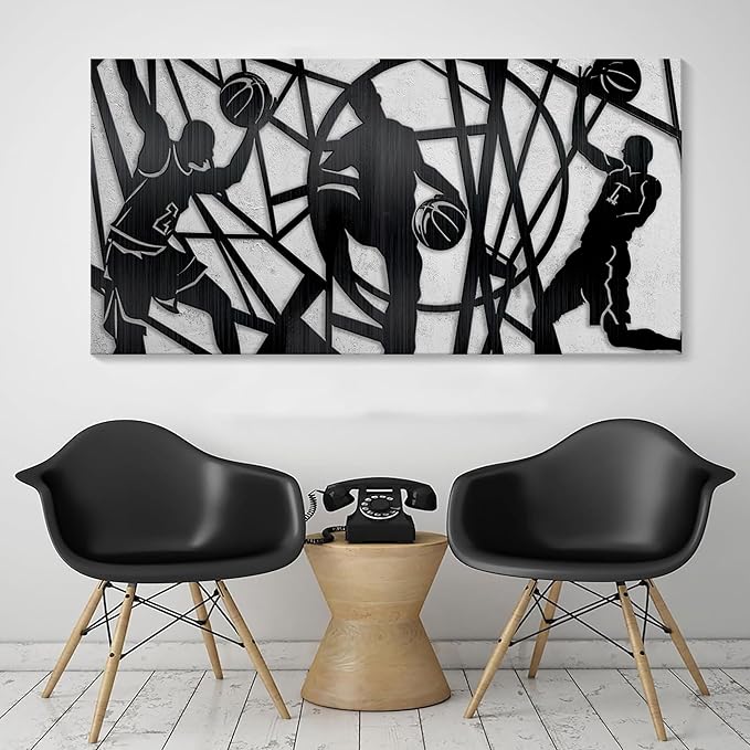 Large Sports Wall Art, Black and White Wall Art Basketball Poster Canvas Print Modern Pictures Paintings Ready to Hang Boys Teen Room Bedroom Home Office Gym Decor 29x58 IN