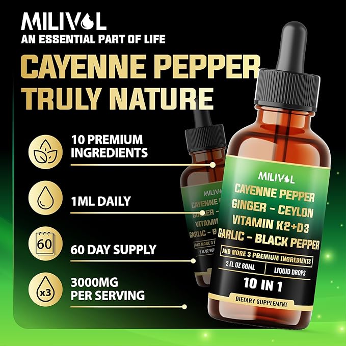 10in1 Cayenne Pepper Liquid Drops + Ginger, Ceylon Cinnamon, Vitamin D3, Vitamin K2, Garlic, Black Pepper and More - Digestion Support - 2 Fl Oz - 2 Months Supply