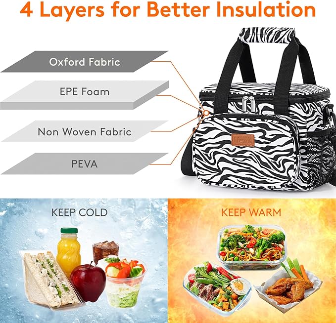 Lifewit Medium Lunch Bag Insulated Lunch Box Soft Cooler Cooling Tote for Adult Men Women, Zebra Stripes 12-Can (9L)