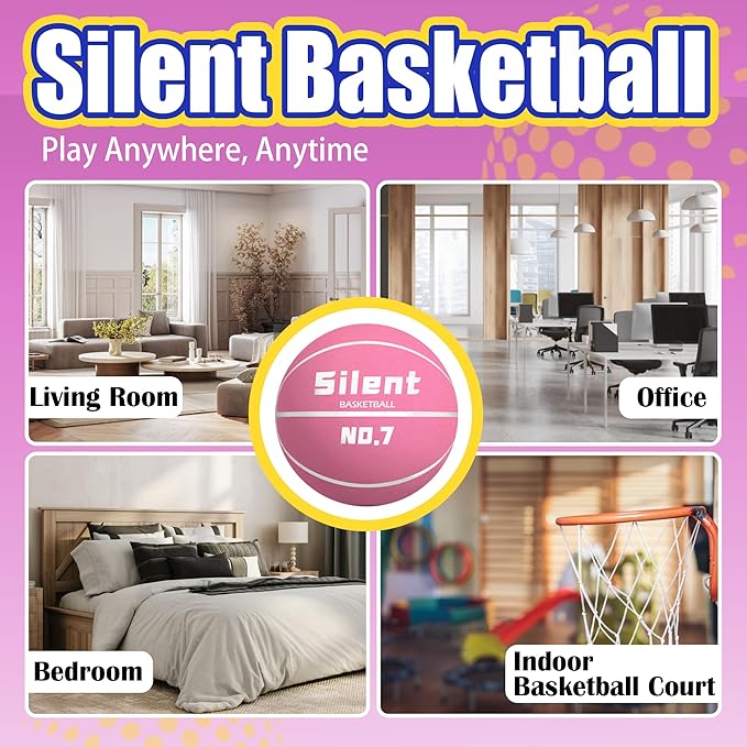 2025 Upgraded Silent Basketball Size 7 - Indoor Noiseless Airless Foam Basketball, Quiet Dribble Dream Training Ball with Soft Soundless Bounce-Pink