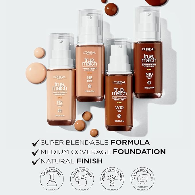 L'Oreal Paris True Match Super-Blendable Foundation, Medium Coverage Liquid Foundation Makeup, W6, Medium, 1 Fl Oz