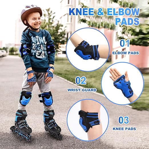 2PM SPORTS Knee Pads for Kids, Wrist Guards Knee and Elbow Pads Set with Drawstring Bag, Protective Gear Set for Girls Boys Roller Skating Cycling Skateboard - Blue Small
