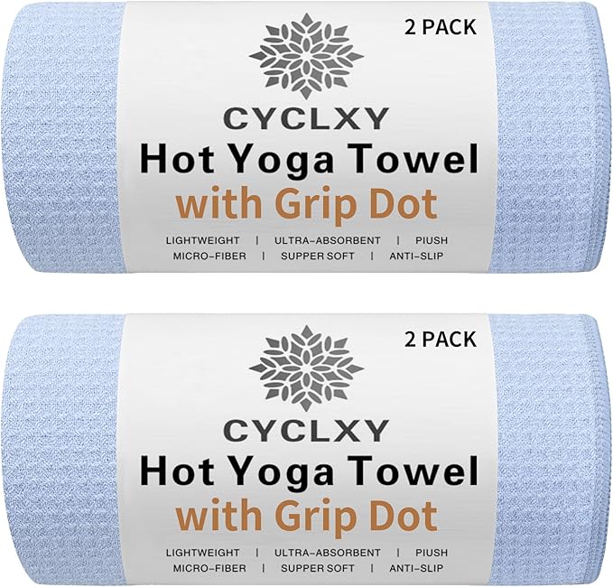 2 Pack Hot Yoga Towel with Grip Dot，Stickyfiber Yoga Mat Towels Non Slip for Hot Yoga,Absorbent Microfiber Sweat Anti-Slip Cover,Bikram,Pilates,Exercise,Fitness