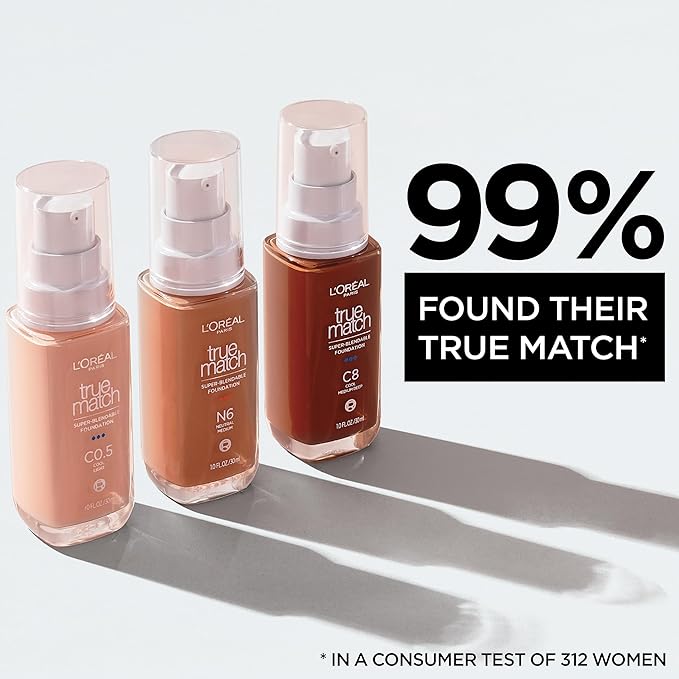 L'Oreal Paris True Match Super-Blendable Foundation, Medium Coverage Liquid Foundation Makeup, W7, Medium Deep, 1 Fl Oz