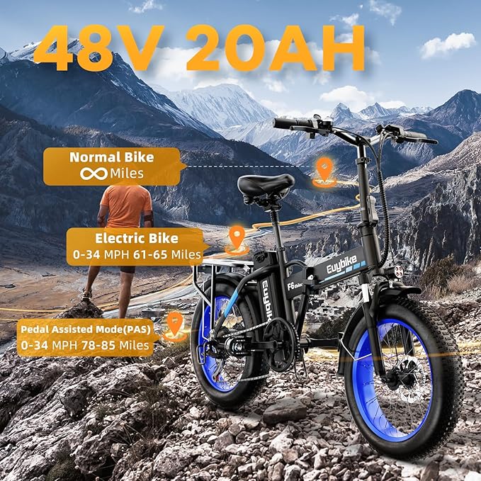 1000W Folding Electric Bike, 48V 20AH Large Removable Battery E Bike, 30+MPH, 80 Miles Max Range, 20" Fat Tire Electric Bike for Adults, Adult Electric Bicycles for Commute Beach Snow