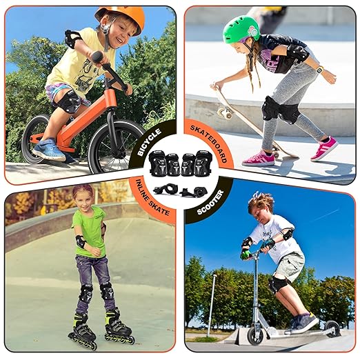 2PM SPORTS Knee Pads for Kids, Wrist Guards Knee and Elbow Pads Set with Drawstring Bag, Protective Gear Set for Girls Boys Roller Skating Cycling Skateboard - Black Small