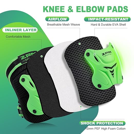 2PM SPORTS Knee Pads for Kids, Wrist Guards Knee and Elbow Pads Set with Drawstring Bag, Protective Gear Set for Girls Boys Roller Skating Cycling Skateboard - Green Small