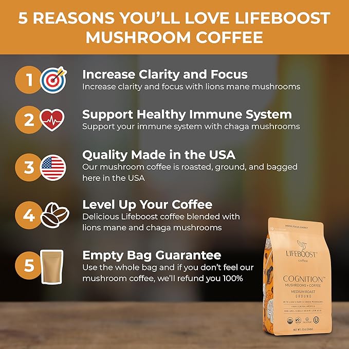 Lifeboost Cognition Adaptogenic Mushroom Coffee - Great Tasting Organic Lions Mane & Chaga Medium Roast Nootropic Coffee - Increase Energy, Boost Focus & Immune Support - 12 oz Bag - Ground