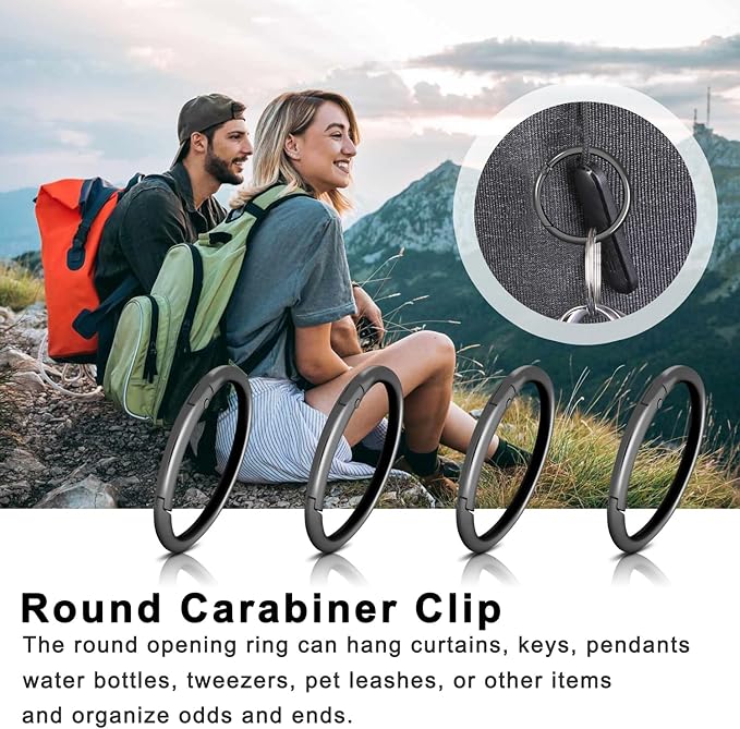 10Pack 1-1/2" Large Round Carabiner Clips, Metal Spring O Rings for Organizer Key Rings, Paracord Keychain Lanyard, Pet Chains, Purse Hardware, Key Snap Hooks DIY Accessory (Black)