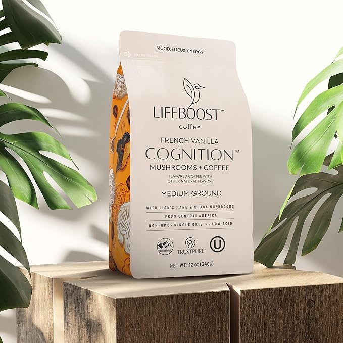 Lifeboost French Vanilla Cognition Mushroom Coffee - Low Acid Medium Organic Coffee with Nootropic Lions Mane & Chaga Mushrooms - Increase Energy, Boost Focus & Immune Support - 12 oz Bag - Ground