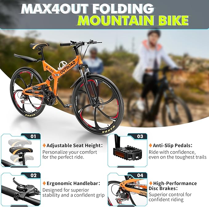 26 Inch Folding Mountain Bike, 21 Speed Full Suspension Bicycle with High-Carbon Steel, Dual Disc Brake Non-Slip Quick Release tire Folding Bicycle for Adults/Men/Women
