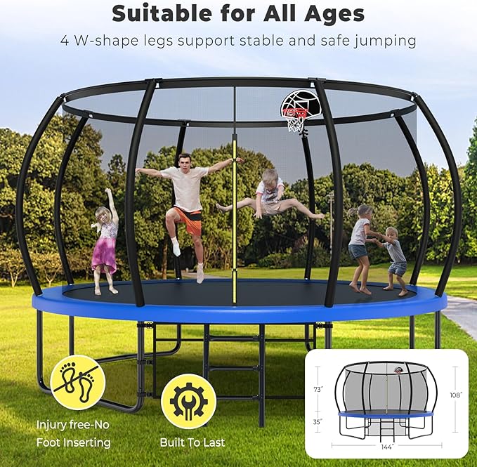 10 12 14 15 16FT Outdoor Trampolines for Kids and Adults, Pumpkin Trampoline with Curved Poles, Recreational Trampoline with Basketball Hoop and Safety Enclosure Net for Kids and Adults