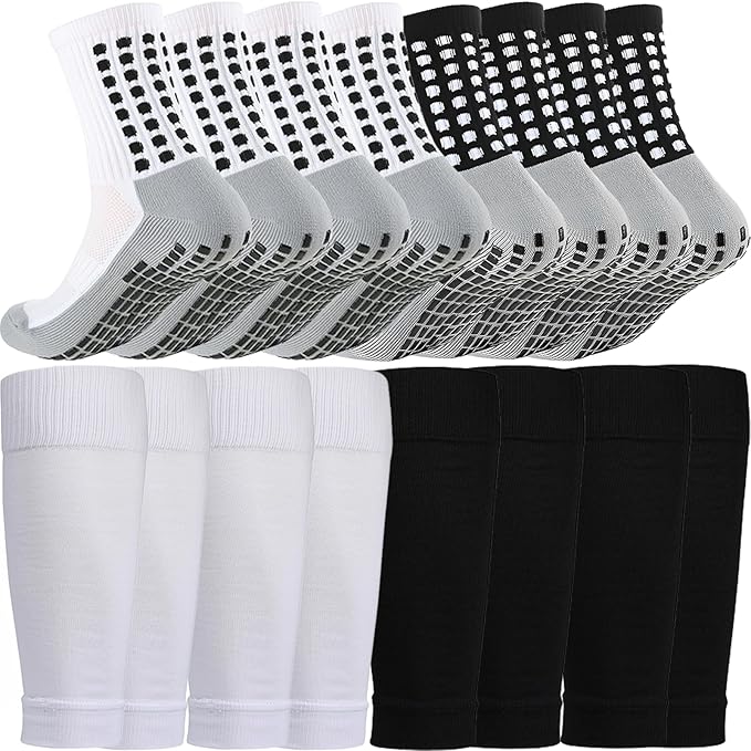 KMOLY 1 Set Soccer Grip Socks,Shin Guard Sleeves for Football Basketball for Men and Women Black/White One Size
