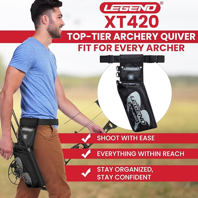 Legend XT420 Field Quiver - Left or Right-Handed Quiver Arrow Holder, Archery Quiver with 3 Arrow Tube, Durable Nylon Hip Quivers with Multiple Pockets for Archery Accessories, Score Card & Tools