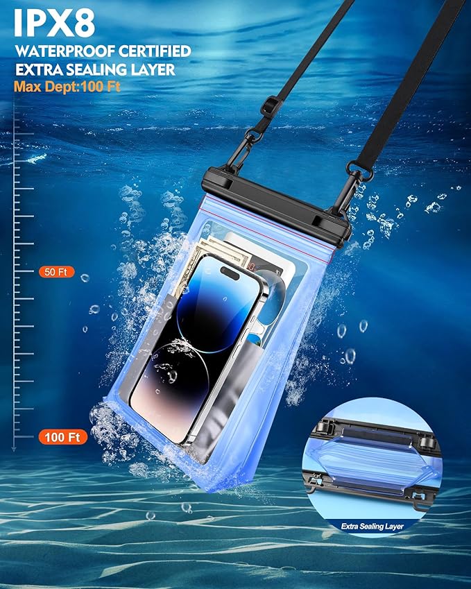 Large Waterproof Phone Pouch Floating, [Double Seals] IPX8 Waterproof Pouch for Beach Vacation Concert, Cell Phone Dry Bag for iPhone Samsung Google All Device Blue