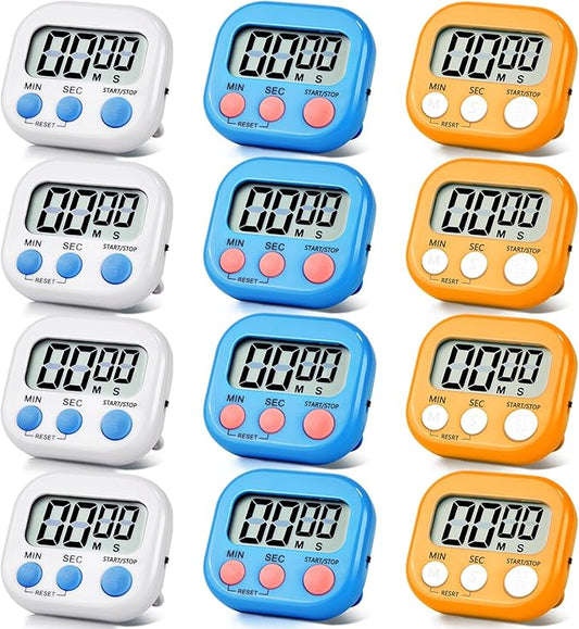 12 Pack Digital Kitchen Timer Magnetic Digital Timer with Big Display Loud Ring Cooking Timers for Kitchen Electronic Timer for Cooking, Bathing, Gym, Break Time, Classroom(12,White, Blue, Orange)