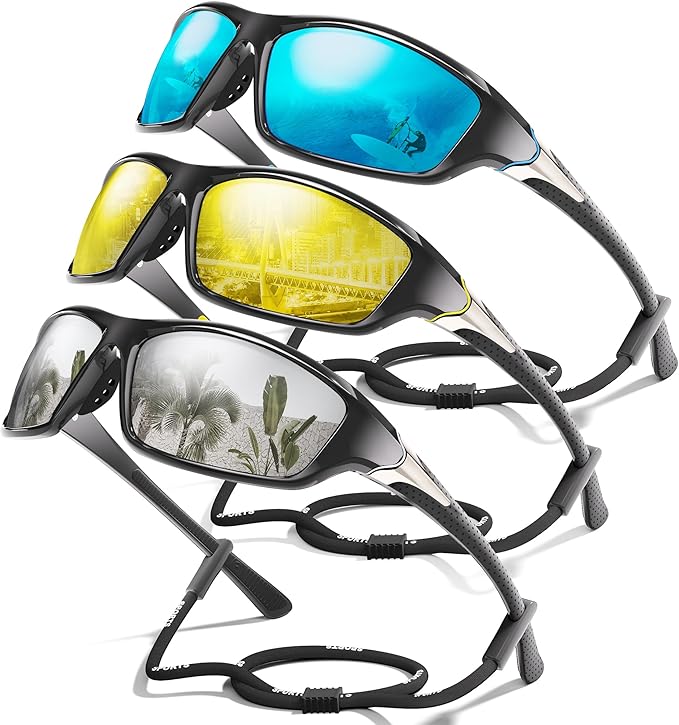 3 Pack Polarized Sports Sunglasses for Men, Mens Sunglasses Wrap Around UV400 Protection for Cycling Fishing Driving