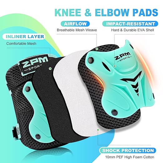 2PM SPORTS Knee Pads for Kids, Wrist Guards Knee and Elbow Pads Set with Drawstring Bag, Protective Gear Set for Girls Boys Roller Skating Cycling Skateboard - Mint Small