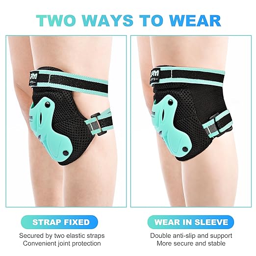 2PM SPORTS Knee Pads for Kids, Wrist Guards Knee and Elbow Pads Set with Drawstring Bag, Protective Gear Set for Girls Boys Roller Skating Cycling Skateboard - Mint Medium