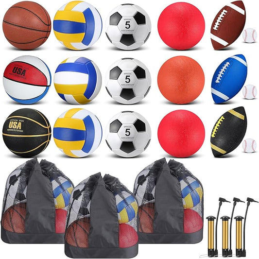 Leyndo 18 Pcs Sport Balls Bulk Set Basketball Football Volleyball Soccer Playground Baseball with Sport Equipment Bag Pump for Youth Adults Outdoor Indoor Practice Gift Back to School