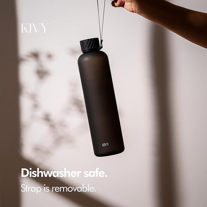 KIVY Slim Water Bottle 32oz [Lightweight & Shatterproof] Fits Backpack & Cupholder for Travel, Sports, School, Gym - Black water bottle no straw - Mens water bottle screw top - Dishwasher Safe