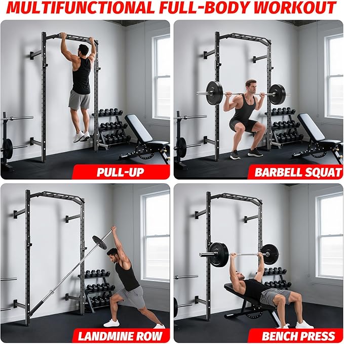 1600LB Wall Mounted Power Rack, Commercial Squat Rack for Home Gym with Multi-Grip Pull Up Bar, j-Cups & Landmine Attachment for Home and Garage Gym