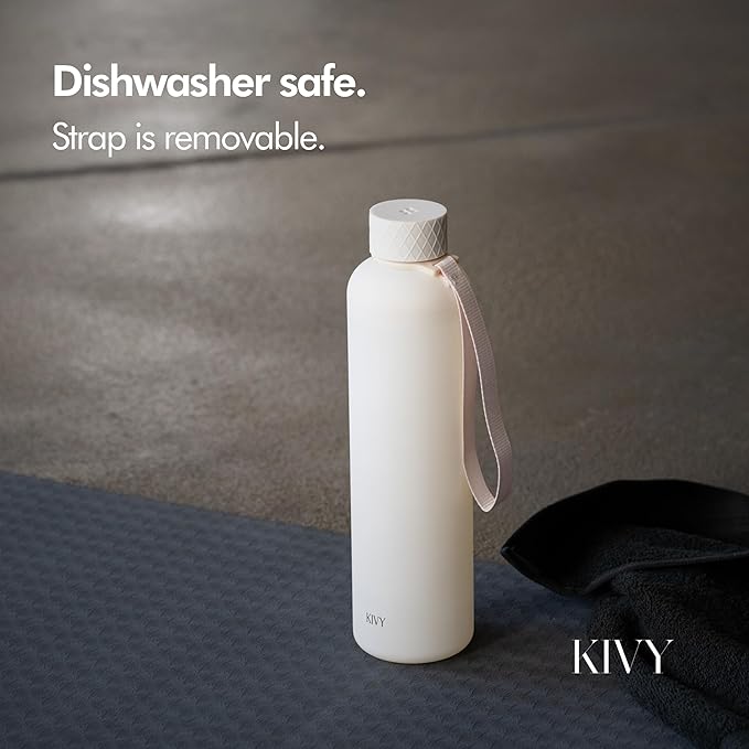 KIVY Slim Water Bottle 32oz [Lightweight & Shatterproof] Fits Backpack & Cupholder for Travel, Sports, School - Beige water bottle no straw - Cute aesthetic water bottles screw top - Dishwasher Safe