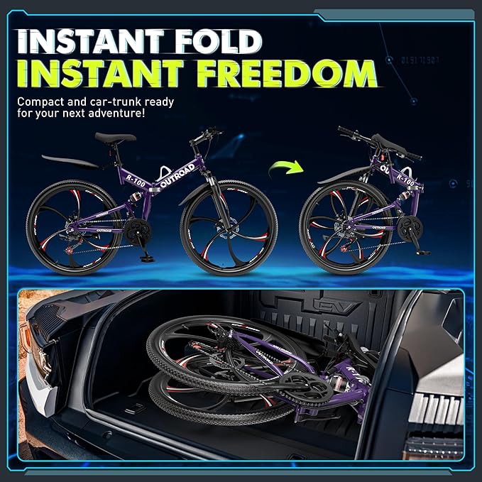 26 Inch Folding Mountain Bike, 21 Speed Full Suspension Bicycle with High-Carbon Steel, Dual Disc Brake Non-Slip Quick Release tire Folding Bicycle for Adults/Men/Women