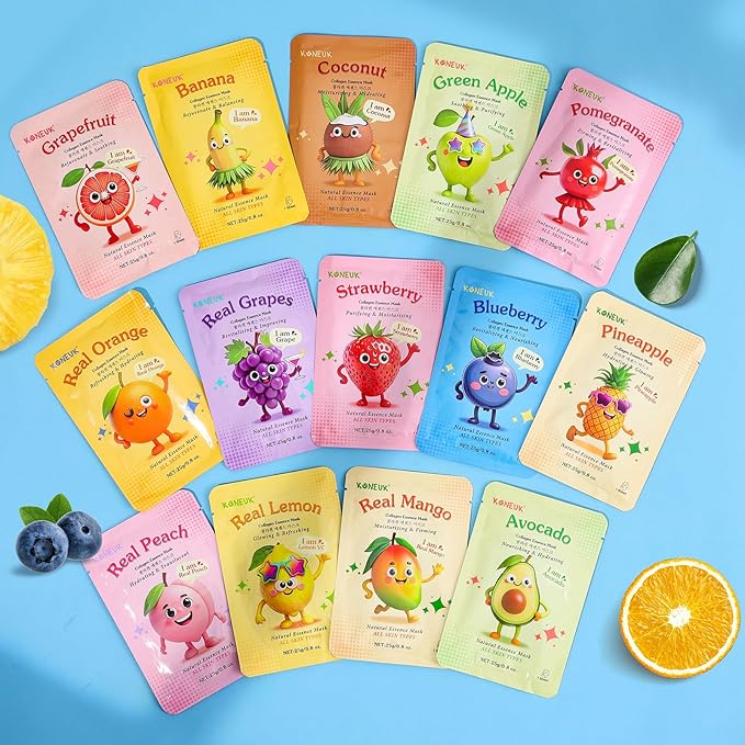 28 Pack Fruit Face Masks Skincare for Kids Girls, Sheet Collagen Face Mask for Women Skin Care, Bulk Hydrating Facial Mask for All Skin Types, Christmas Birthday Party Spa Gifts for Teens