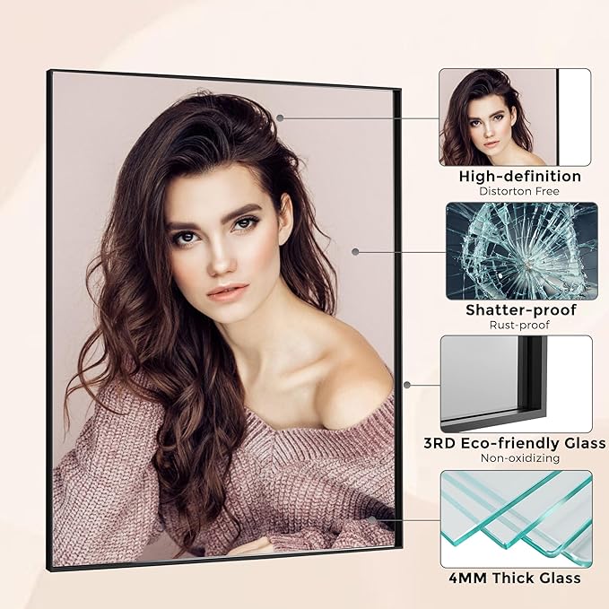 30x40 Inch Black Bathroom Mirror for Wall, Aluminum Frame Rectangle Rectangular Vanity Mirror, Modern Large for Bedroom, Living Room, Horizontal or Vertical