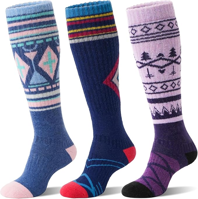 3 Pairs Merino Wool Ski Socks Thermal Warm Winter Thick Knee High Snowboarding Skiing Socks for Women Men
