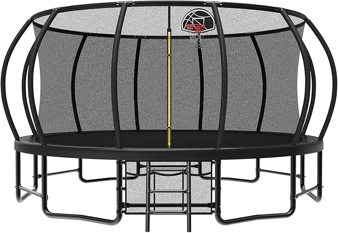 10 12 14 15 16FT Outdoor Trampolines for Kids and Adults, Pumpkin Trampoline with Curved Poles, Recreational Trampoline with Basketball Hoop and Safety Enclosure Net for Kids and Adults