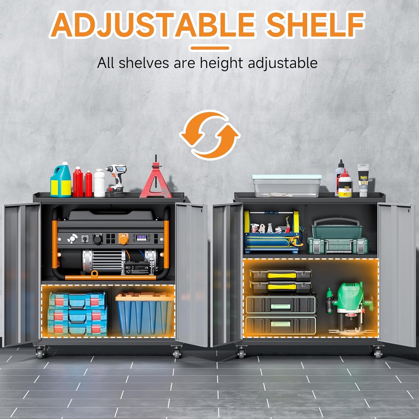 Metal Garage Storage Cabinet with Wheels, Adjustable Rolling Tool Storage Cabinet with Lock, 34" Steel Locking Tool Cabinet with Doors and Shelves for Garage, Warehouse (Black&Gray, 34.3" H)