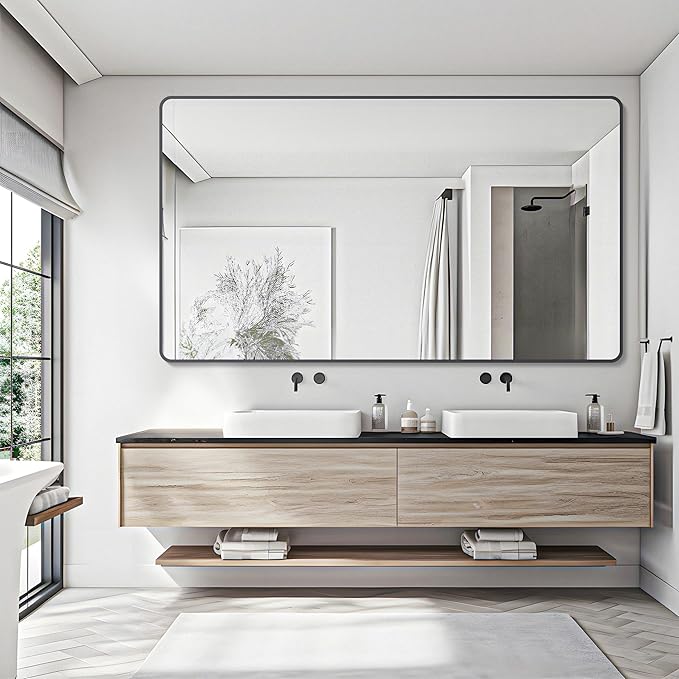 30" x 55"Bathroom Mirror, Matte Black Wall Mirror with Metal Frame, Decorative Rectangular Vanity Mirror for Bedroom Bathroom Living Room Entryway (Horizontal/Vertical)