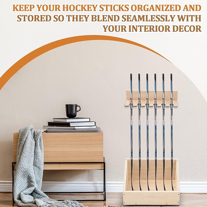 Leinuosen Hockey Stick Holder Wall Mounted and Vertical 2 in 1 Wooden Ice Hockey Rack Organizer Storage and Display Large Capacity Organizer Holds up to Sticks for Player Gifts