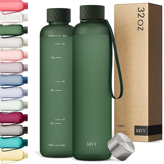 KIVY Slim Water Bottle 32oz [Lightweight & Shatterproof] Fits Backpack & Cupholder for Travel, Sports, School, Gym - Dark green water bottle no straw - Gym water bottle screw top - Dishwasher Safe