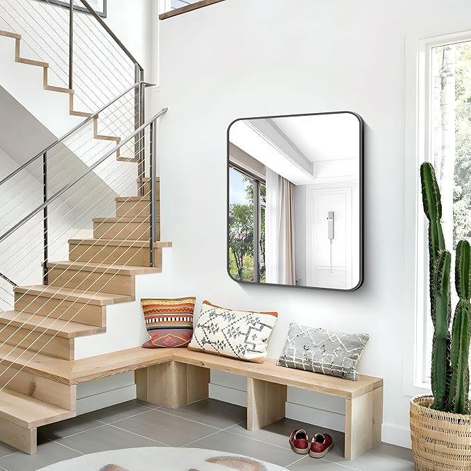 30x36 inch Bathroom Mirror,Black Rectangle Mirror,Wall Mounted Bathroom Frame Vanity Mirror with Round Corner for Bedroom Living Room, Entryway Hangs Horizontal or Vertical