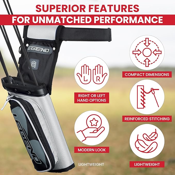 Legend XT420 Field Quiver - Left or Right-Handed Quiver Arrow Holder, Archery Quiver with 3 Arrow Tube, Durable Nylon Hip Quivers with Multiple Pockets for Archery Accessories, Score Card & Tools