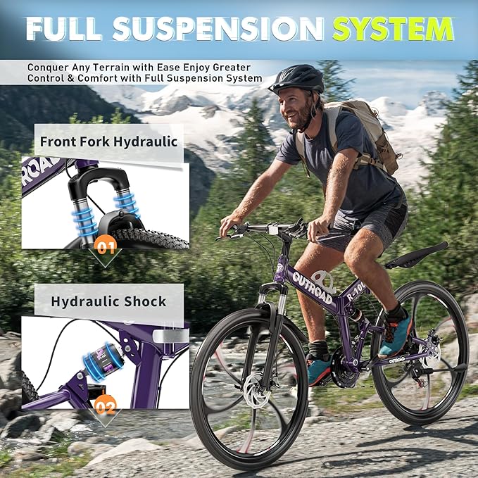 26 Inch Folding Mountain Bike, 21 Speed Full Suspension Bicycle with High-Carbon Steel, Dual Disc Brake Non-Slip Quick Release tire Folding Bicycle for Adults/Men/Women