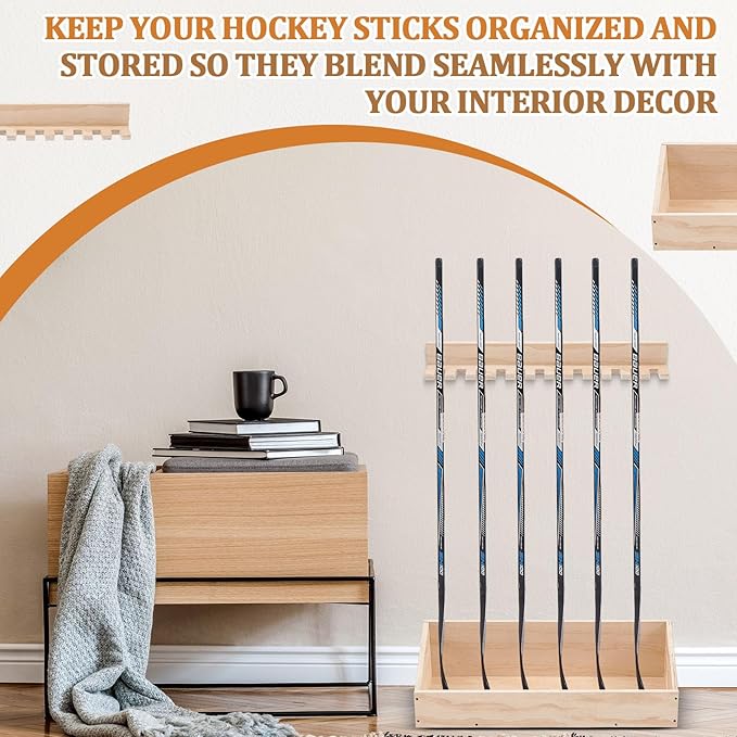 Leinuosen Hockey Stick Holder Wall Mounted and Vertical 2 in 1 Wooden Ice Hockey Rack Organizer Storage and Display Large Capacity Organizer Holds up to Sticks for Player Gifts