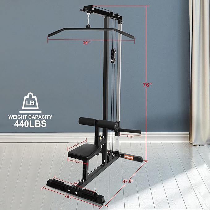 LAT All-in-one Machine with High and Low Pulley Station, LAT PullDown and LAT Row Cable Machine, LAT Tower with Adjustable Leg Support for Home Gym Total Body Training