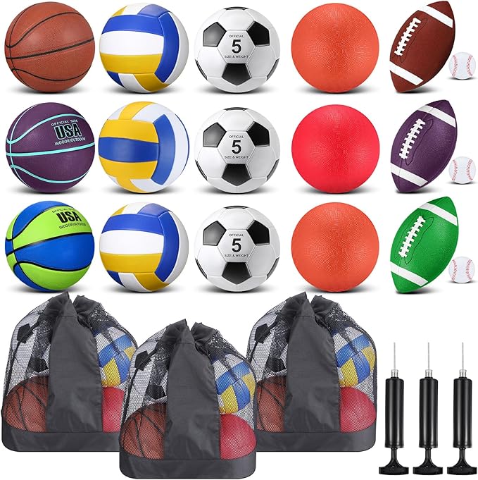 Leyndo 18 Pcs Sport Balls Bulk Set Basketball Football Volleyball Soccer Playground Baseball with Sport Equipment Bag Pump for Youth Adults Outdoor Indoor Practice Gift Back to School