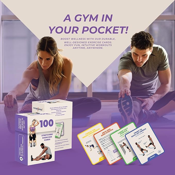 100 Stretching Exercise Flash Cards – Physical Therapy Stretches for Common Conditions (Plantar Fasciitis, Achilles Tendonitis, Sciatica, Back & Hip Pain) – Yoga, Pilates & Everyday Mobility