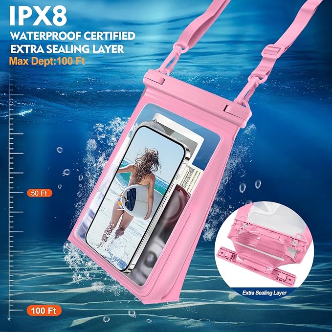 Large Waterproof Phone Pouch [with Sealing Strip], Cell Phone Dry Bag for iPhone 16 15 14 13 Pro Max Galaxy S25 S24 S23 All Devices, Floating Water Proof Bag for Beach Water Park Pink