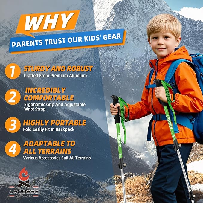 Lightweight Collapsible Kids Hiking Poles - Retractable Kids Hiking Stick, Telescoping Aluminum Trekking Poles 2 Pack, Adjustable Kids Ski Poles by Croosse