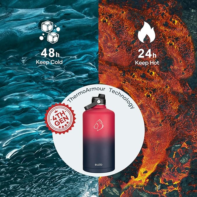 128oz Insulated Water Bottle, BUZIO Gallon Water Jug with Straw Lid and Carrying Sleeve (Cold for 48 Hrs) Stainless Steel Hydro Metal Canteen Water Flask, Ruby Red Navy