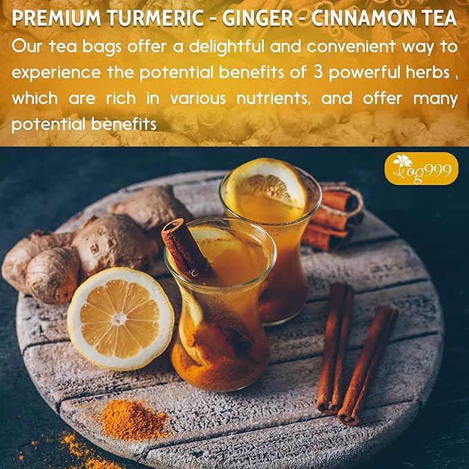 120 Bags Premium Turmeric Ginger Cinnamon Tea, Improve Digestion, Support Brain, Weight, Skin and Sleep, Eco-Conscious Tea Bags and Premium Natural Ingredients. Turmeric Ginger Herbal Tea. No Sugar, No Caffeine, No Gluten, Vegan.
