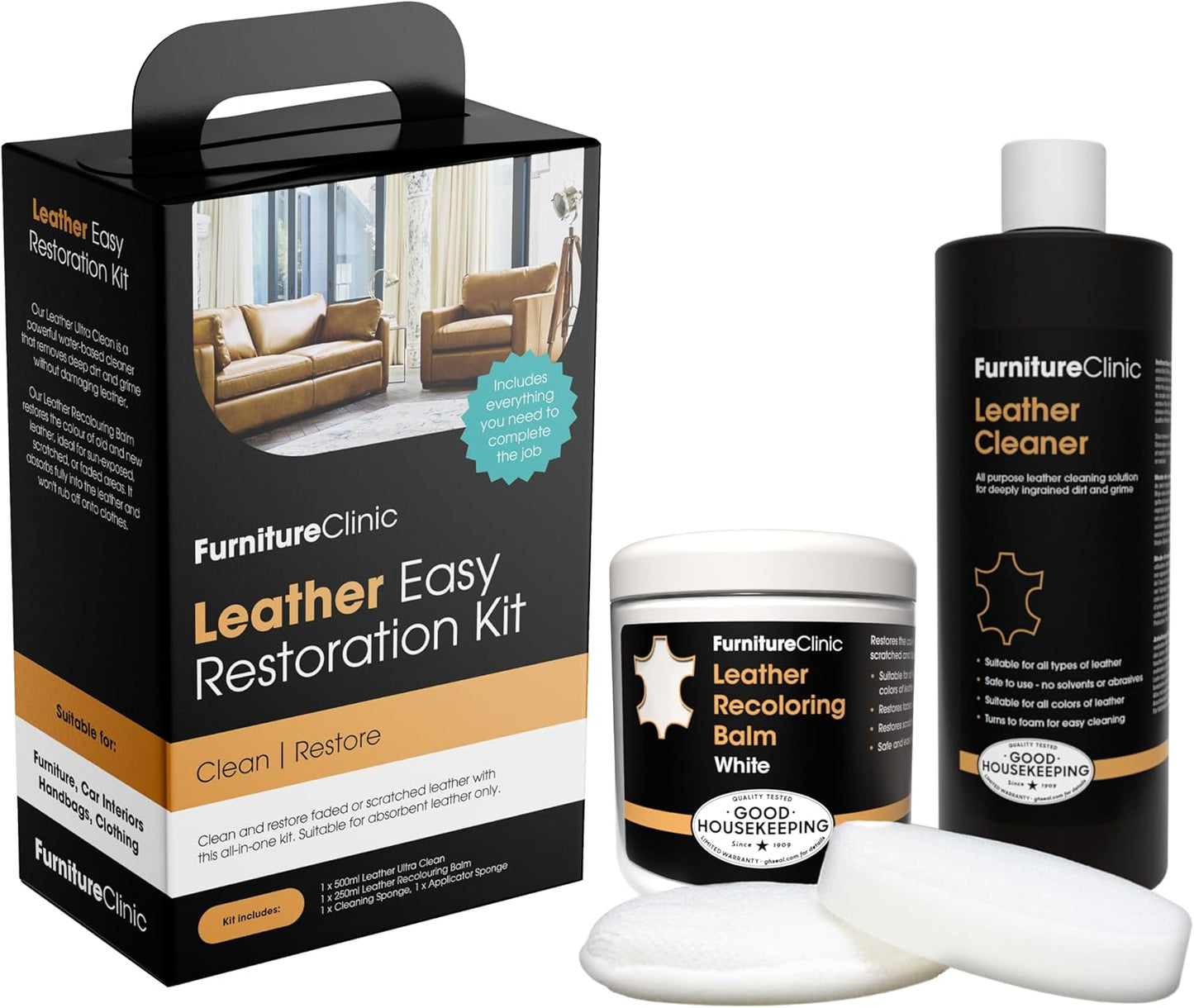Furniture Clinic Leather Easy Restoration Kit | with Leather Recoloring Balm, Cleaner, Sponge, and Cloth | Leather Repair Kit for Scratched and Faded Furniture (White)
