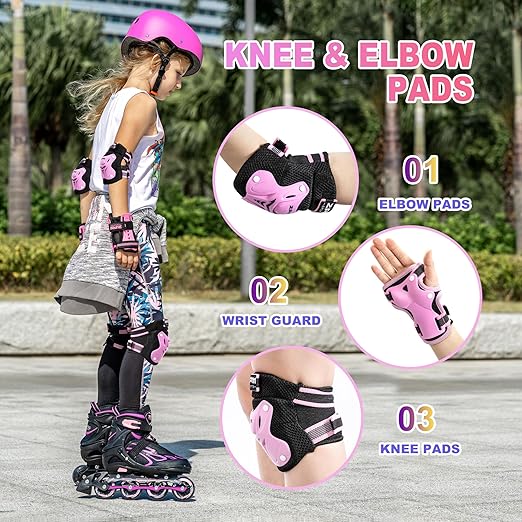 2PM SPORTS Knee Pads for Kids, Wrist Guards Knee and Elbow Pads Set with Drawstring Bag, Protective Gear Set for Girls Boys Roller Skating Cycling Skateboard - Pink Small