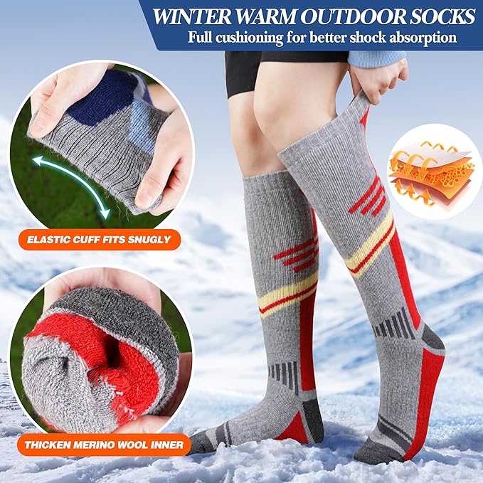 3 Pairs Merino Wool Ski Socks Thermal Warm Winter Thick Knee High Snowboarding Skiing Socks for Women Men